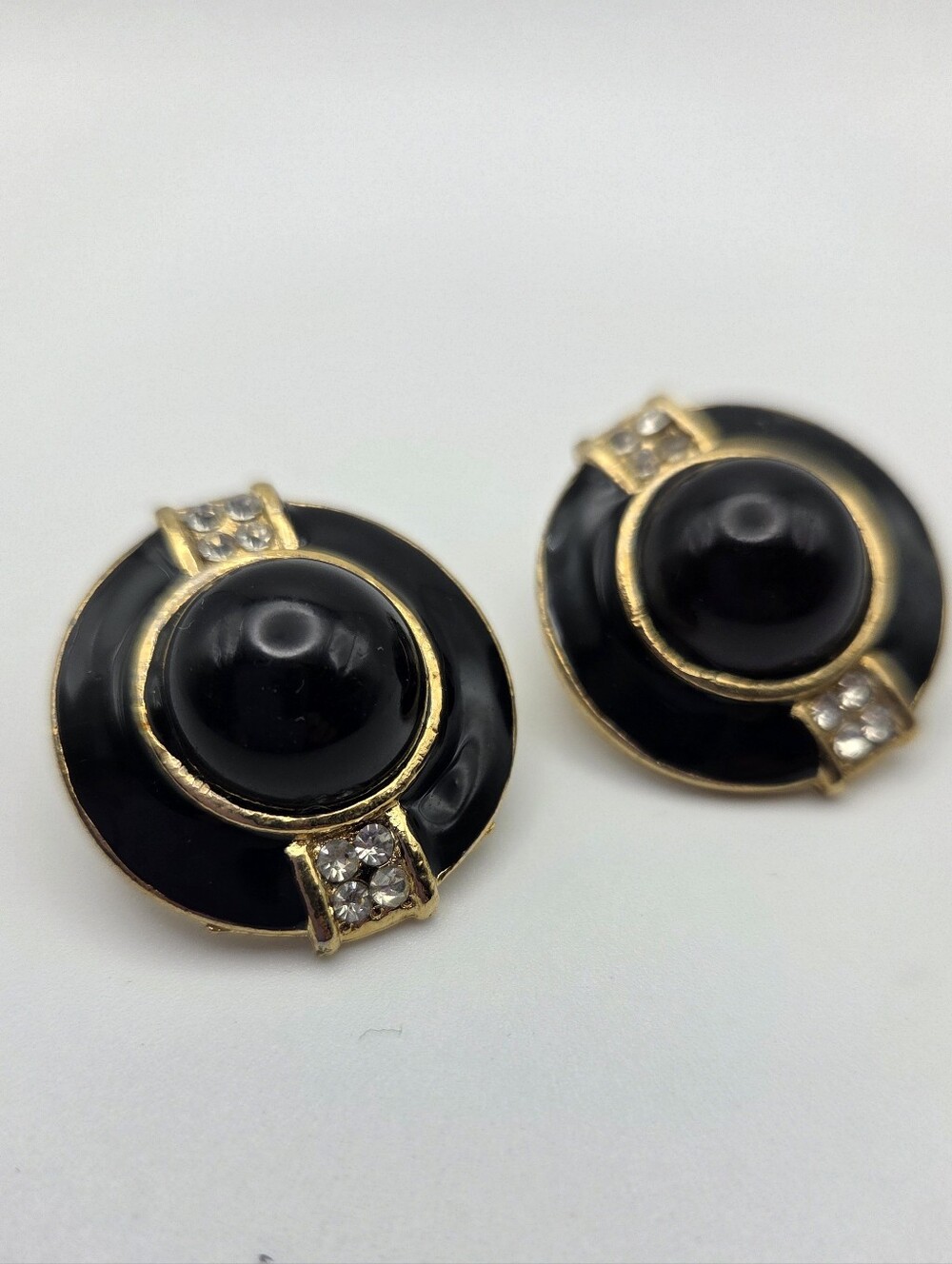 Vintage Gold-Tone Black Enamel Dome Earrings with Crystal Accents